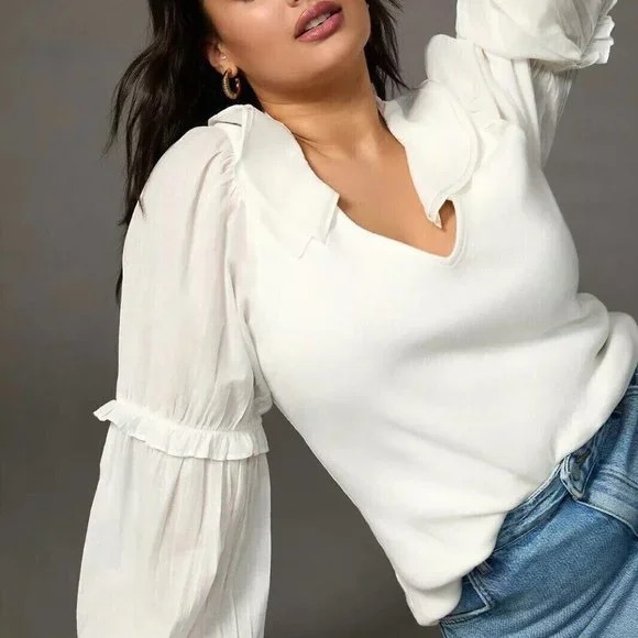 By Anthropologie Ruffled Shirt Blouse Top Solid Ribbed Long Sleeve - Picture 4 of 4